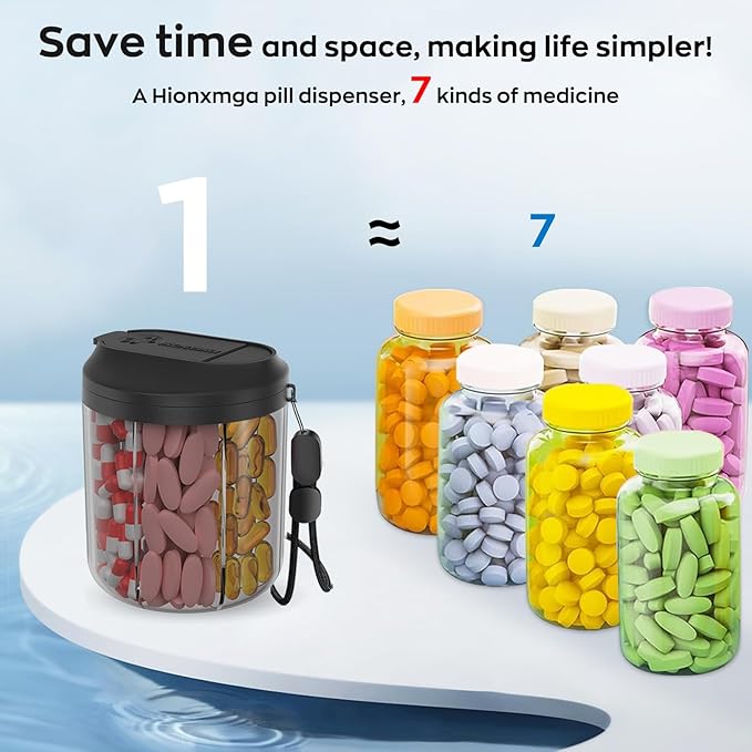 Pill Dispenser with 7 Large Compartments, Pill Bottle Organizer for Travel, Supplement Organizer with Anti-Mixing Design, Pill Container with 20 Pcs Labels, Black 2Pcs