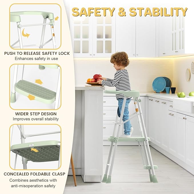 HBTower Kids Step Stool 2 Steps, Toddler Tower for Kitchen Counter Learning, Toddler Kitchen Stool Helper with Anti-Drop Safty Railing Kids Standing Folding Stepper, Green
