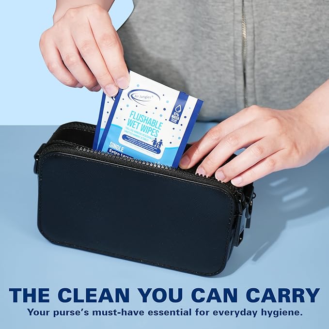 Air Jungles Flushable Wipes Individually Wrapped 50 Ct, with Aloe Vera & Vitamin E, Travel Size Wet Cleansing Wipes for Adult, Fresh Scent, Alcohol Free - XL 7 × 7 in