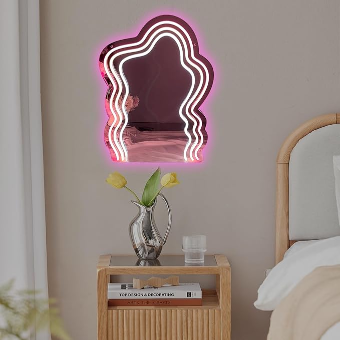 Wavy Mirror Neon Sign Neon Wall Art Sign for Wall Decor LED Neon Mirror Light Sign for Girls Room Bedroom Wedding Birthday Party