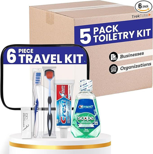 Trektote Travel Toothbrush and Toothpaste Set - (5 Pack) 6 Piece Dental Care Kit, TSA Compliant, Includes Toothpaste, Toothbrush, Mouthwash, Flosses and Premium Toiletry Bag