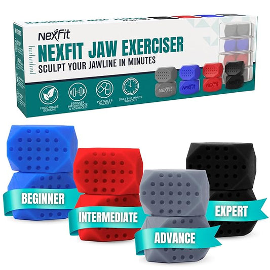 Jaw Exerciser for Men & Women – 4-Level Resistance Jaw Trainer for Men & Women – Food-Grade Silicone Double Chin Reducer – 8 Piece Kit with Carry Cases – Compact Mewing Jawline Shaper for Women
