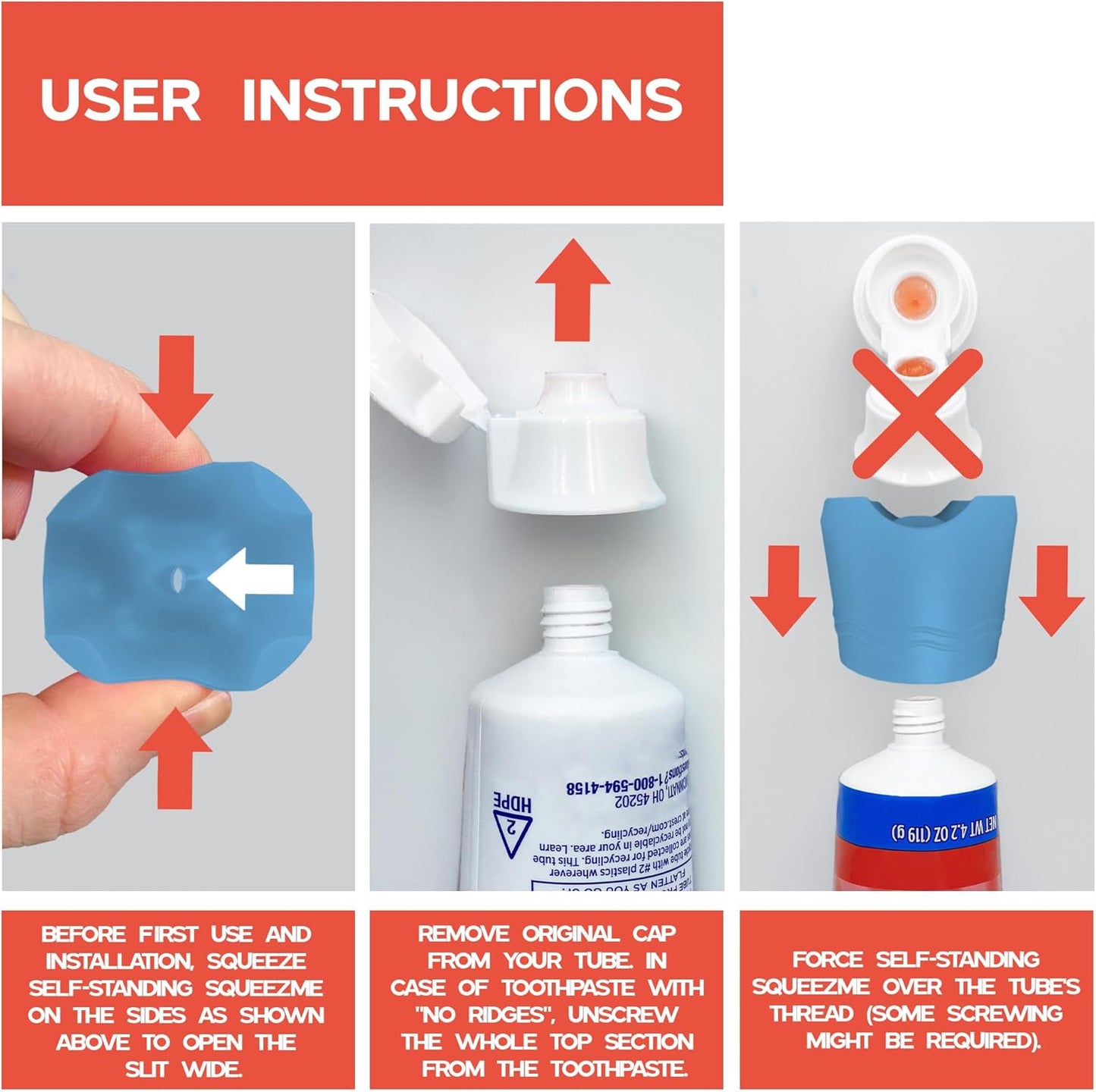 Chrome Cherry SqueezMe Self-Closing Toothpaste Caps, Silicone Lid for Kids & Adults, No Mess Toothpaste Dispenser, Self-Standing Easy Squeezer Cap, Bathroom Accessory, Self-Standing Blue, Pack of 1