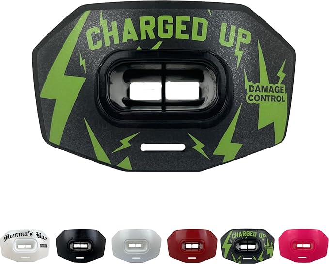 DAMAGE CONTROL Youth Football Mouth Guard – Breathable No Boil Mouthpiece, Protects Lips & Teeth, Works with Braces, Includes Helmet Strap – Sports Gear & Accessories (Charged Up)