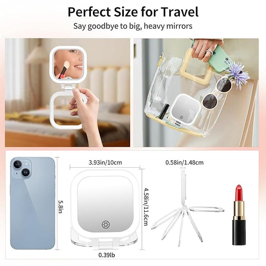 FUNTOUCH Travel Makeup Mirror with Light, 1X/30X Magnifying Mirror with 3 Light Settings & Adjustable Brightness,Rechargeable Folding Compact Double Sides Mirrorwith PU Bag, White
