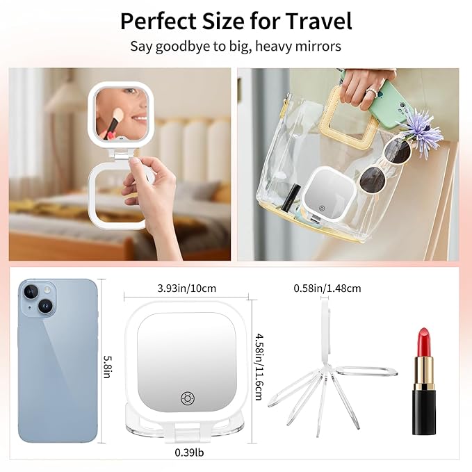 FUNTOUCH 4inch 1x 10x Magnifying Travel Makeup Mirror with Lights, Rechargeable Lighted Compact Mirror with Light, 3 Color Lighting, Double Sided Portable Handheld Hanging Compact Mirror, Dimmable
