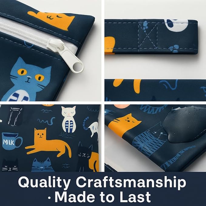 Waterproof Wet Dry Bag, Reusable Diaper Pouch with Zipper, Machine Washable Travel Organizer for Beach, Daycare, Kids, Dinosaur Pattern (Blue Cat)