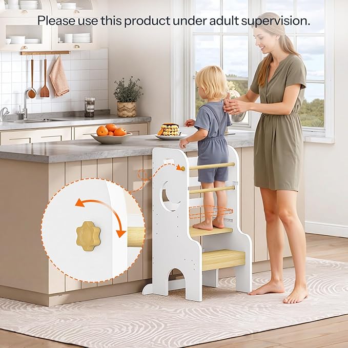 HOOBRO Toddler Standing Tower, Adjustable Height Toddler Step Stool with Back Protection, Kids Kitchen Step Stool with Safety Rails and Non-Slip Foot Pads, for Kitchen, Bathroom, White WN90JD01