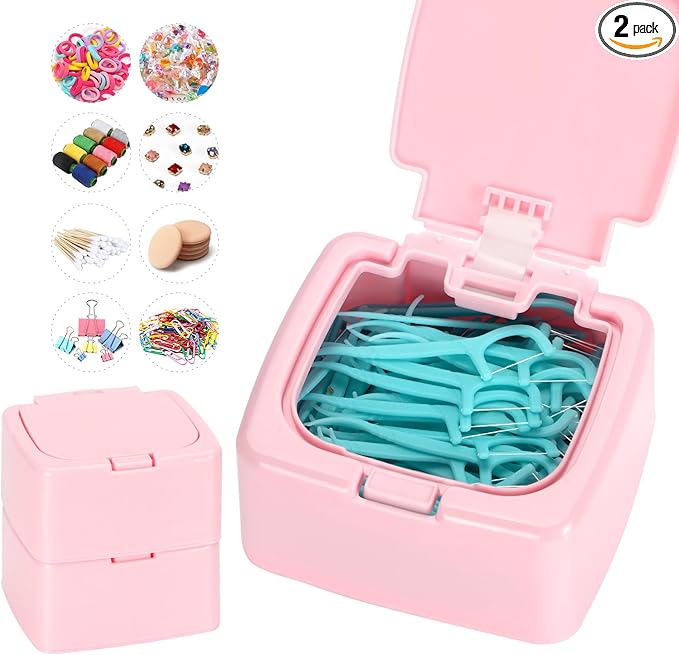 JGB 2 Packs Floss Pick Holder Container With One-Touch Opening, Quick Refill For Qtip, Cotton Swabs, Balls, Pads - Reusable Square Dispenser Box For Home, Hotel, Office Organizers and Storage - Pink