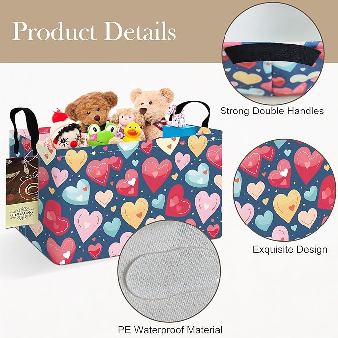 HUNRUNG Rectangle Storage Basket Cute Canvas Organizer Bin for Pet/Children Toys, Books, Clothes Perfect for Rooms/Playroom(REC-Colorful Heart)