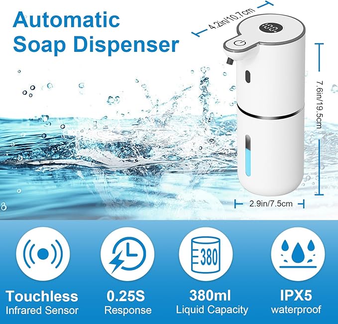 2 Pack Automatic Liquid Soap Dispenser Touchless, USB Rechargeable Smart Hand Soap Dispenser, 6-Level Adjustable, 12.8oz/380mL Wall Mount for Bathroom Kitchen Dish Soap
