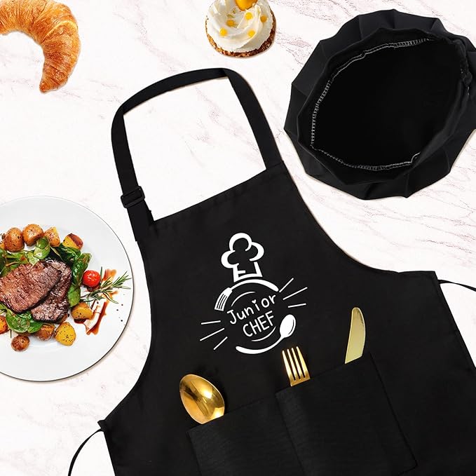 Kids Apron and Chef Hat Set, “Junior CHEF” Funny Apron Adjustable Kitchen Apron Cooking Baking Painting with 2 Pockets for Boys and Girls