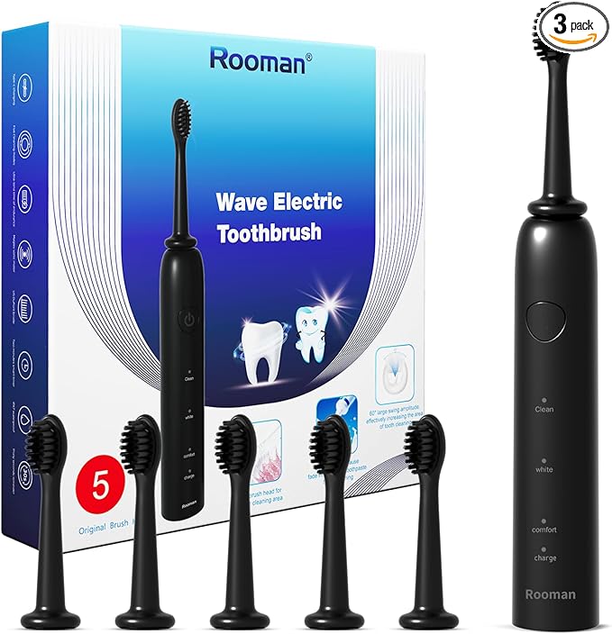 Rooman Oscillation&Vibration Sonic Electric Toothbrush for Adults, with 5 Brush Heads for Travel & Teeth Care, 20000 VPM, 3 Cleaning Modes, 2-Minute Timer, IPX7 Waterproof (Black)
