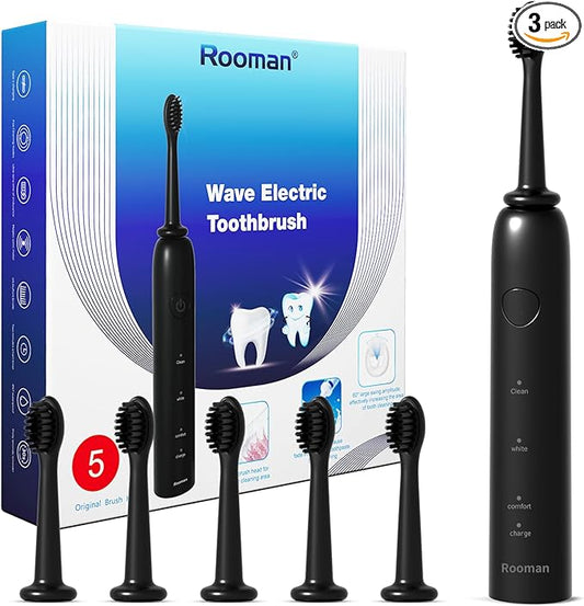 Rooman Oscillation&Vibration Sonic Electric Toothbrush for Adults, with 5 Brush Heads for Travel & Teeth Care, 20000 VPM, 3 Cleaning Modes, 2-Minute Timer, IPX7 Waterproof (Black)