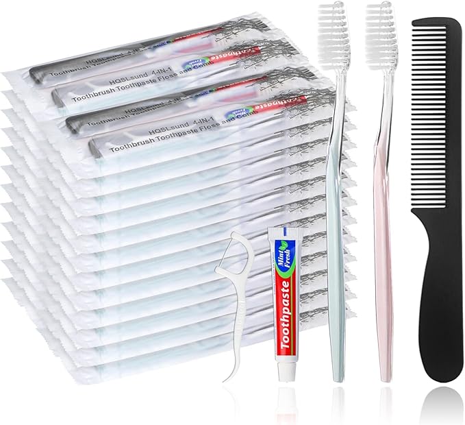 50pcs Disposable Toothbrushes with Toothpaste and Comb Floss Individually Wrapped, 4-in-1 Bulk Toothbrush Kit with 2 Color Toothbrush,10g Toothpaste,7 inch Comb, Floss Pick for Homeless,Hotel