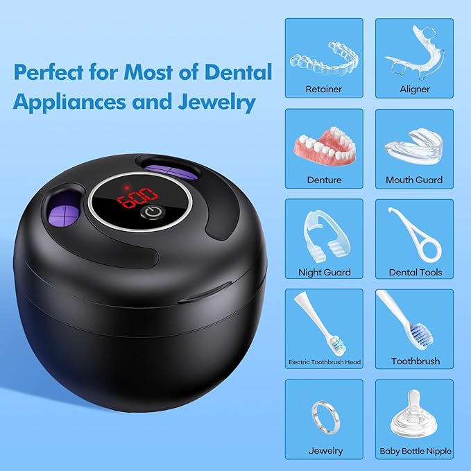 Ultrasonic Retainer Cleaner Machine, 45kHz Ultrasonic Dentures Cleaner for Night Guards, Braces, Aligner, Toothbrush, Jewelry and More, 200ML Capacity, Black