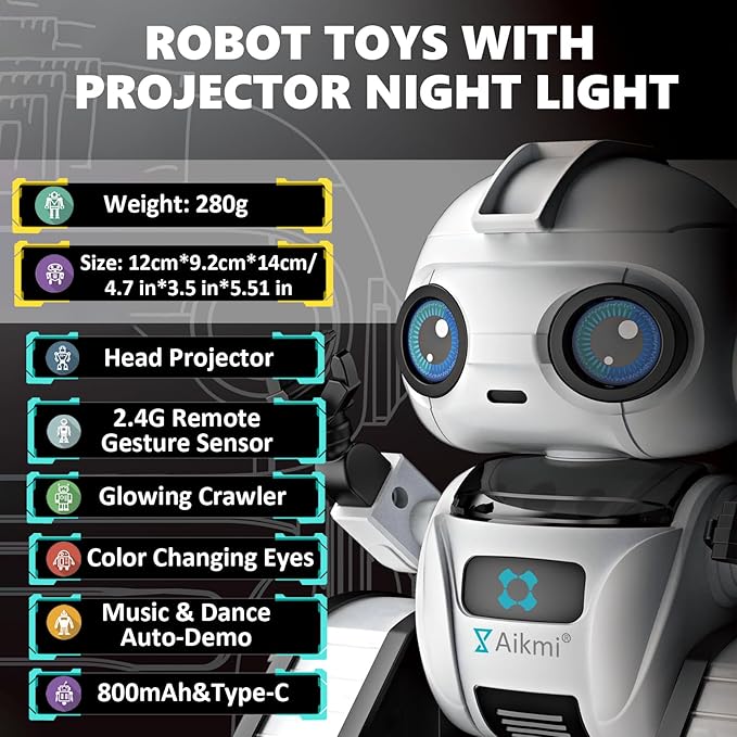 Aikmi Robot Toys for Kids 5-7, Rechargeable Remote Control Robot with Projector Night Light for Kids, Gesture Sensor, Music, Toys for 6 Year Old Boys Girls Birthday Present Boy Toy (White)