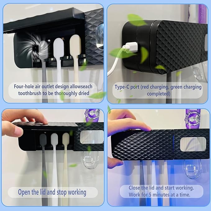 Smart Toothbrush Holder, Wall Mounted Toothbrush Holder with Toothpaste Dispenser, Drying Function and 3 Toothbrush Slots for Bathroom (Black)
