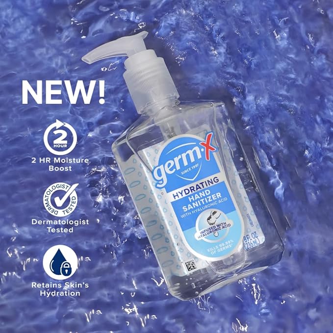 Germ-X Hydrating Hand Sanitizer, with Hyaluronic Acid, 8 FL Oz (Pack of 6), No Rinse Formula, Sanitizing Liquid Gel for All Skin Types, Formulated without Parabens, Phthalates & Dyes
