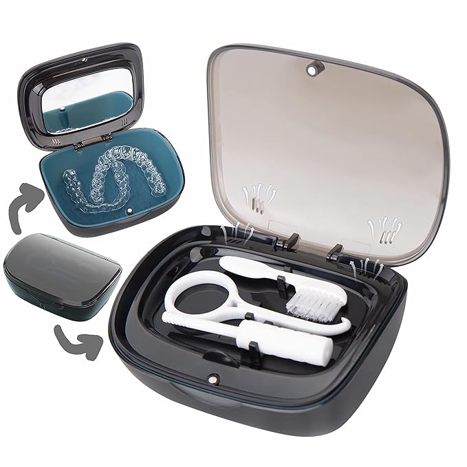 MURRI&MURRDI Retainer Case, Denture Bath Box with Strainer Basket, Mouth Guard Case, Braces Cleaner Cup, Cute Denture Holder Retainer Storage Soak Container for Travel Cleaning (C Black)
