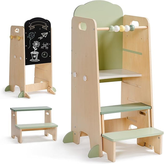 ROBUD Toddler Tower Adjustable Kitchen Stool Helper with Chalkboard, Hooks and Anti-Tip Design, Movable Kids Step Stool with Cute Safety Rail, Montessori Activity, Morandi Green