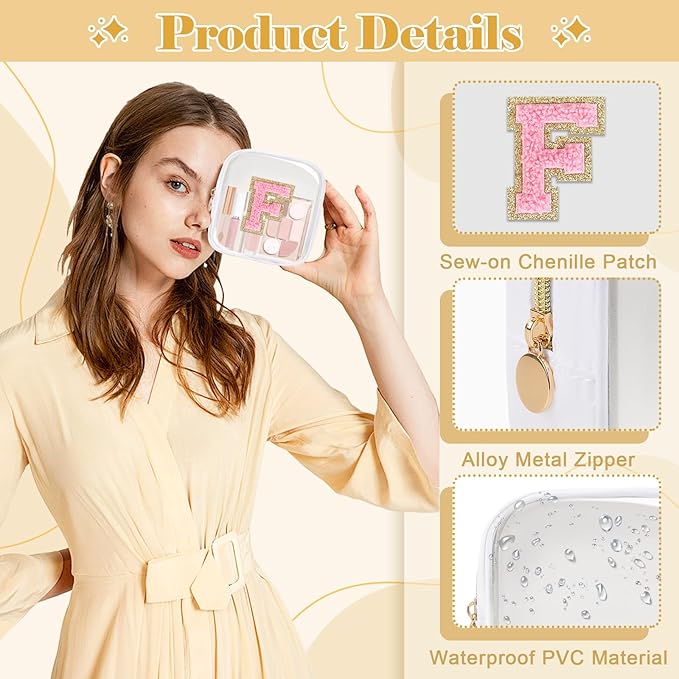 Personalized Initial Letter Clear Preppy Makeup Bag,Mini Nylon Chenille Letter Cosmetic Bag Cute Zipper Pouch Purse for Teen Girls,Portable TSA Approved Beach Travel Essentials Bag Gift for Women,F