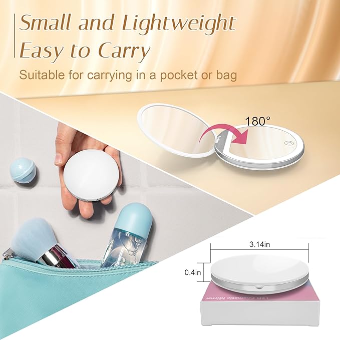 Compact Mirror with Light, 1X/3X Magnification LED Pocket Mirror with USB Data Cable,Mini Mirror for Purse, Pocket,Travel and Present (White)