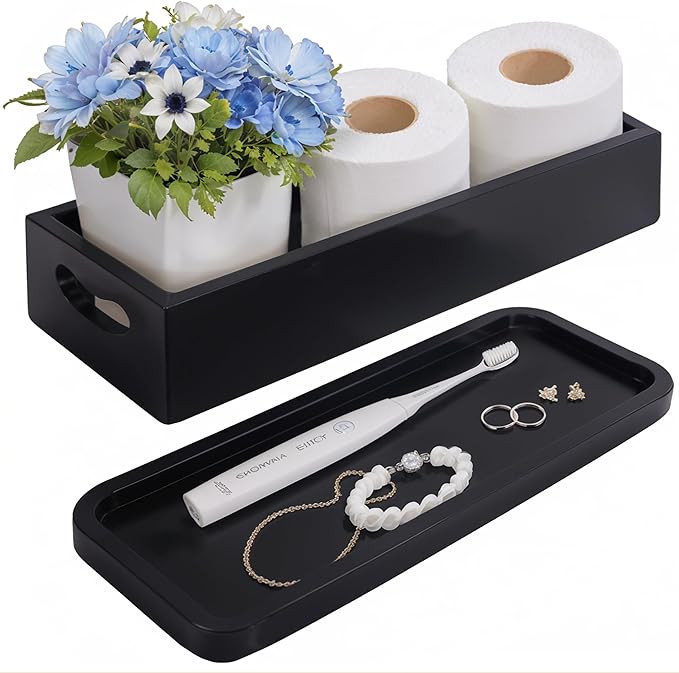 Toilet Tank Tray for Modern Black Bathroom Decor Set of 2 Acacia Toilet Tank Topper Paper Storage Decorative Organizer Box Wood Vanity Tray for Counter Decor Dresser Tops (Black)