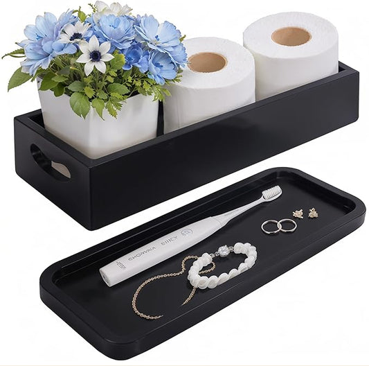 Toilet Tank Tray for Modern Black Bathroom Decor Set of 2 Acacia Toilet Tank Topper Paper Storage Decorative Organizer Box Wood Vanity Tray for Counter Decor Dresser Tops (Black)