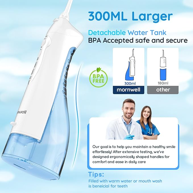 Mornwell Water Dental Flosser Teeth Pick for Teeth, Portable Cordless Water Flossers Oral Irrigator with 10 Intensity 4 Jet Rechargeable IPX7 Waterproof Water Tank Flosser Electric Travel (White)