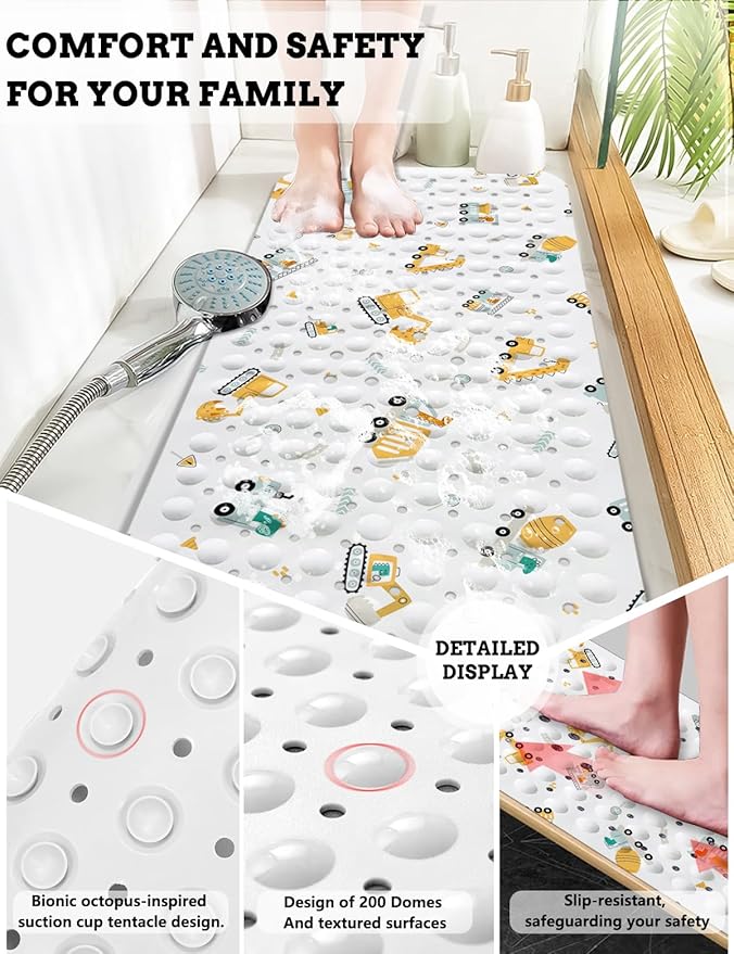 LNOND Baby Bath Mat Non Slip,Kids Bath Mat for Bathroom,Dinosaurs Driving Excavator Shower Mat with Drain Holes and Suction Cups,40 X 16 Inch