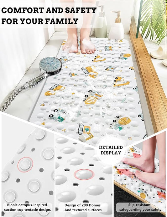 LNOND Baby Bath Mat Non Slip,Kids Bath Mat for Bathroom,Dinosaurs Driving Excavator Shower Mat with Drain Holes and Suction Cups,40 X 16 Inch