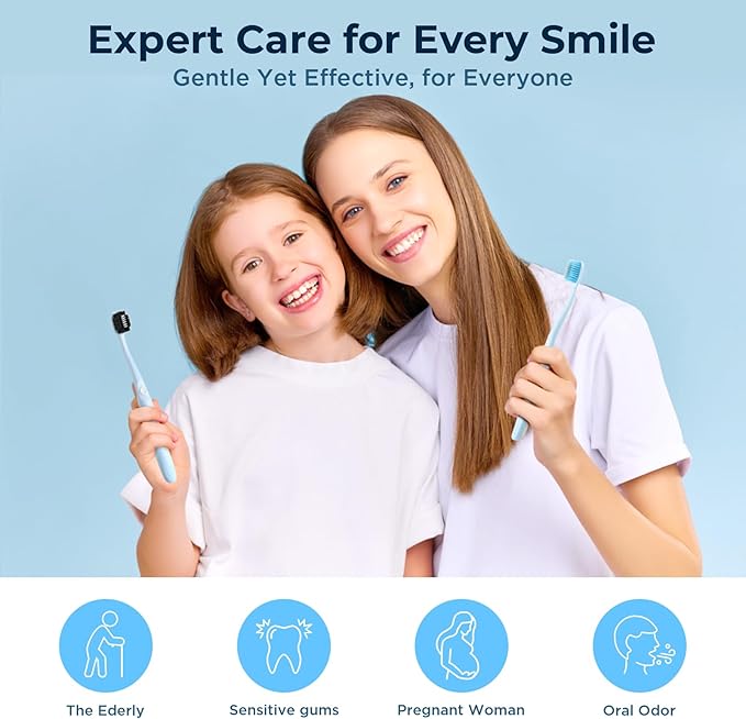 Soft Toothbrushes for Morning Freshness & Night Cleanliness, 10000+ Soft Bristle Toothbrush for Sensitive Gums, Charcoal & Silver Ions, Triple-Layer Flossing Bristles, Angled Neck Design