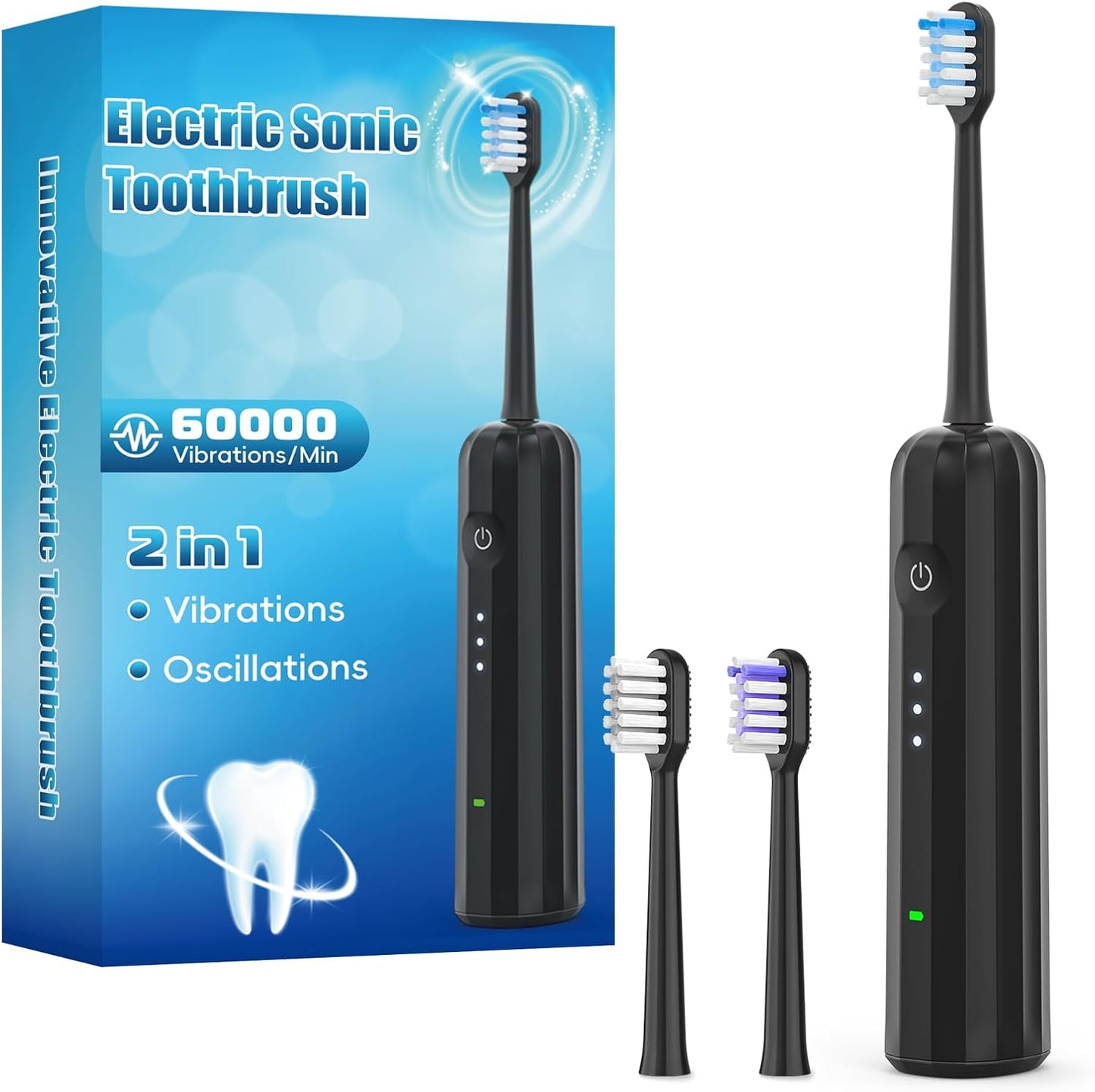 2025 New Sonic Electric Toothbrush for Adults - Vibration 60,000 VPM & 73° Oscillation Rechargeable Electric Toothbrush, 50+ Days Battery Life, 3 Modes, 2-Minute Timer, 3 Brush Heads, Black