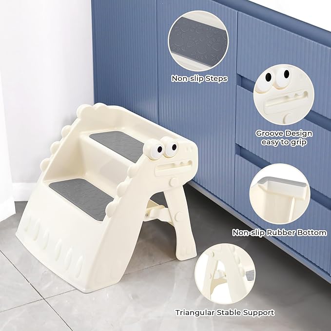 Onasti Toddler Step Stool Foldable Kids Step Stool,Bathroom Stool for Toddlers Non-Slip Toddler Step Stool for Bathroom Sink and Kitchen Counter with Cute Dinosaur Design(White)