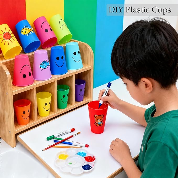 Plastic Cups Set for Kids Kitchen Drinking & Toothbrush Rinse, 260ml Reusable Colored Unbreakable Smiling Face Bathoom Mouthwash Tumbler Brushes, Kids Speed Training Stackable Cup