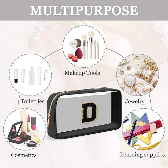 Small Clear Personalized Initial Makeup Bag,Nylon Preppy A-Z Chenille Letter Patch Cosmetic Pouch Beach Toiletry Bag,Waterproof Zipper Travel Purse Storage Bag Organizer for Women Girls(Black-Black D)