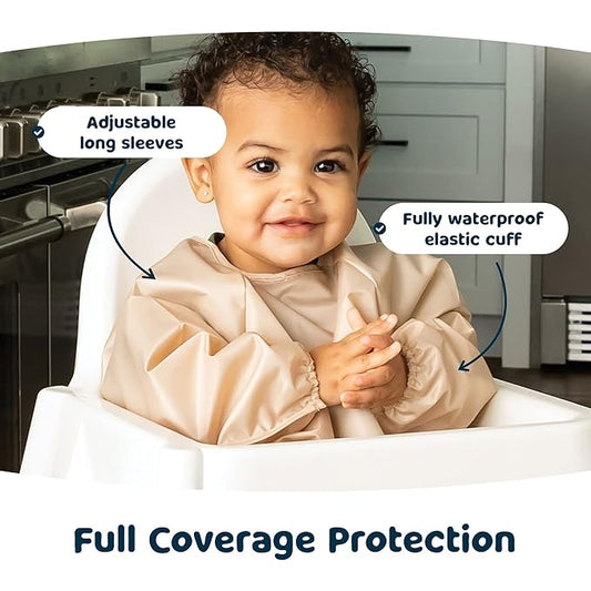 Tiny Twinkle Long Sleeve Bib for Babies & Toddlers – 2 Pack Waterproof Smock Bibs for Eating – Machine Washable & Mess-Proof, Baby Feeding Essential & Shower Must-Have (Sand Cinnamon,2-4Y)