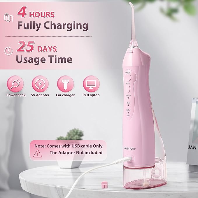 TOVENDOR Electric Water Flosser, Cordless Rechargeable Dental Oral Irrigator IPX7 Waterproof 300ML Travel Water Teeth Cleaner with 5 Tips for Braces Care Teeth Gums Cleaning, Home Office Daily Use