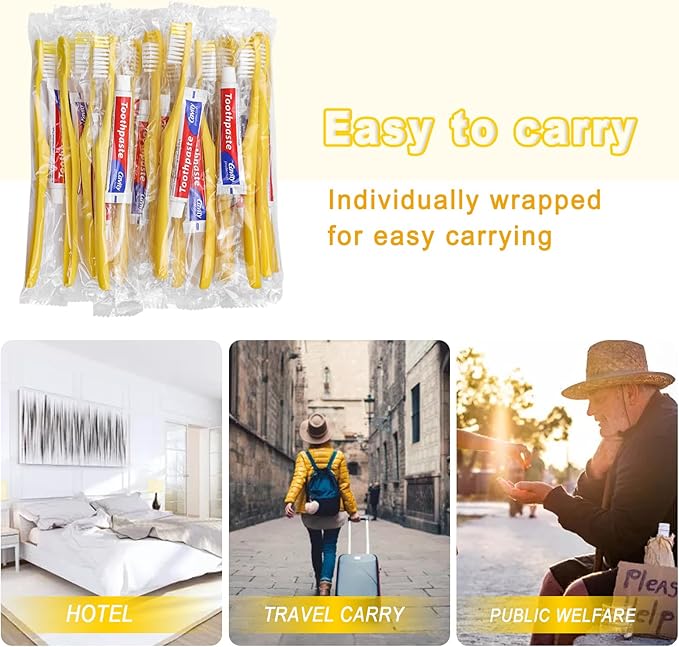 Disposable Toothbrushes with Toothpaste Pack of 100, Yellow Hollow Toothbrush with 10g Toothpaste Individually Wrapped Disposable Travel Toothbrushes Kit in Bulk for Homeless,Airbnb,Hotel,Charity