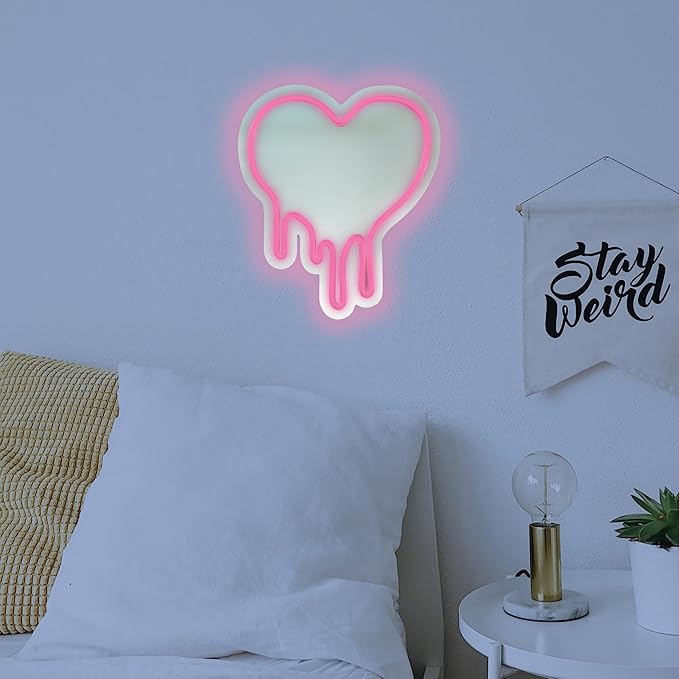 Pink Heart LED Light with Melting Design, Mirror Neon Sign for Bedroom Wall Decor, Light Pink Heart Wall Mirror, 12”x11” Neon Sign for Girls Room