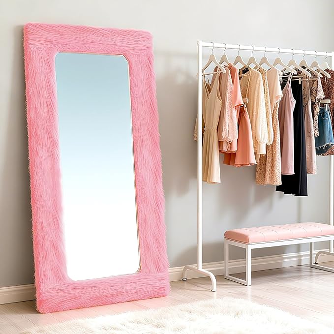 Fluffy Full Length Mirror Cover Universal Ultra Soft Non-Slip Border with Adhesive Tape Pink Fuzzy Frame Decor for Standing Mirror Bedroom Cloakroom Home Decor Women Gifts (pink, 64 x 21 Inch)