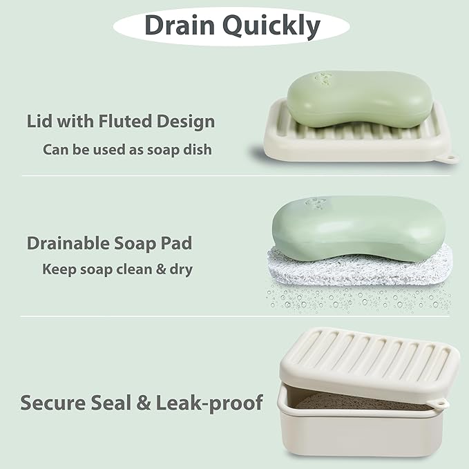 2PC Portable Leakproof Travel Soap Case, Silicone Travel Soap Case, Compact Soap Holder with Drainage Layer, Travel Soap Holder for Camping, Gym, Outdoor (Light-Purple&Rice-White)