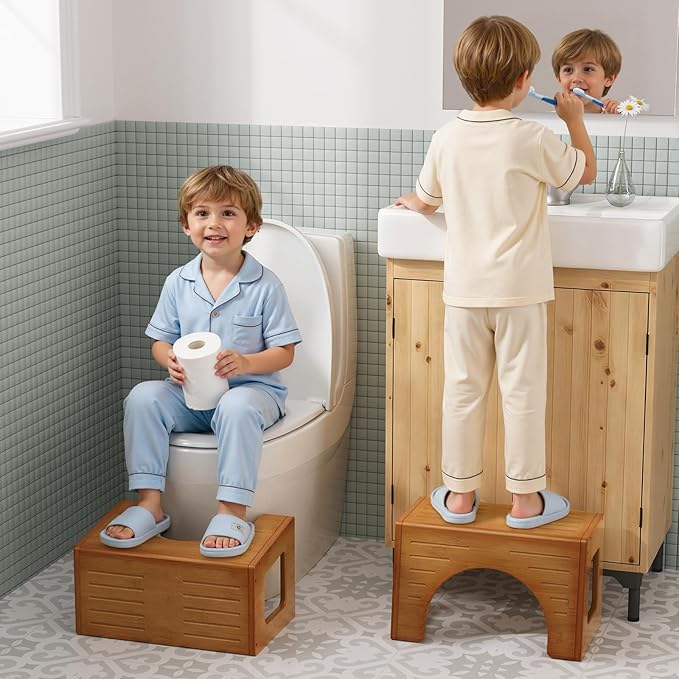 AmazerBath Toddler Toilet Step Stool, 3-in-1 Bamboo Toilet Squat Stool for Adults, 0.59" Thickness One Step Non-Slip Baby & Kids Potty Poop Stool for Bathroom Sink, Counter, Bedroom, Closet, 9"