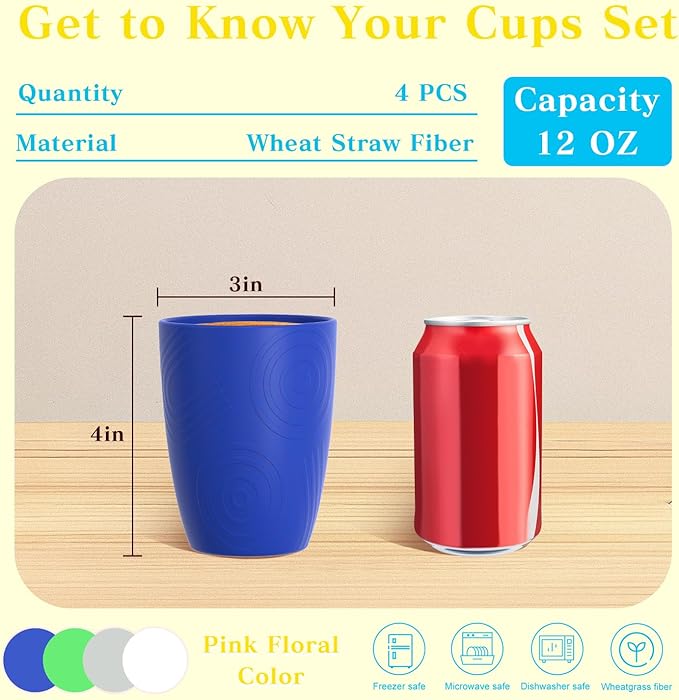 Homienly Drinking Glasses Set of 4, Wheat Straw Cups with Unique Texture, Reusbale Kids Cup, Stackable Cups for Kitchen, Home, Party, Camping, Dishwasher Safe Cup Tumbler 12 OZ - Island Color