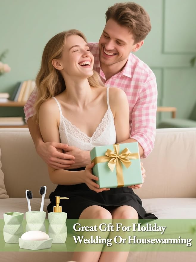 Bathroom Accessories Set,4 Pcs Bathroom Accessory Set,Includes Lotion Soap Dispenser,Toothbrush Holder,Tumbler,Soap Dish,Ceramic Bathroom Sets Complete,Bathroom Sink Set for Modern Home Decor(Green)