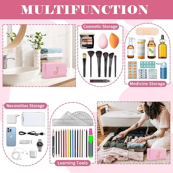 Personalized Initial A-Z Preppy Patch Makeup Bag,Small PU Leather Chenille Letter Cosmetic Bag with Zipper for Teen Girls,Pink Cute Travel Toiletry Bag,Birthday Monogrammed Gift for Daughter,Letter J