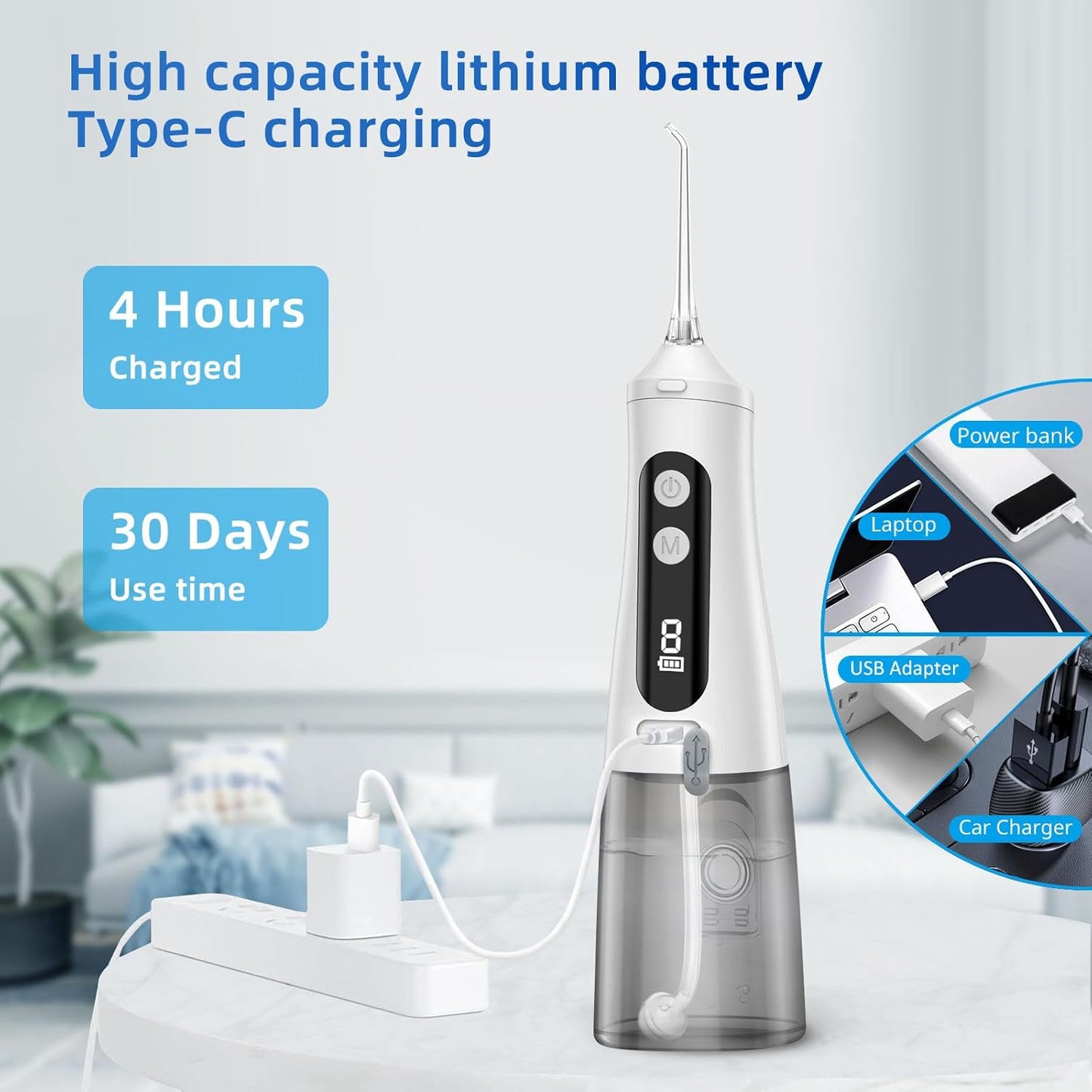 Reva Professional Water Dental Flosser for Teeth & Braces - 9 Modes Cordless Oral Irrigator, 350ML Large Reservoir, 360° Nozzle, IPX7 Waterproof, Rechargeable, Dental Floss Tool (M131 - White)