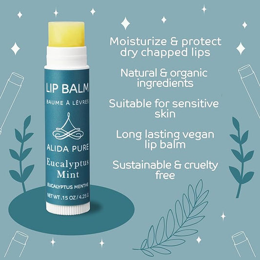 ALIDA PURE Eucalyptus Mint Lip Balm Collection, Vegan, Lip Balm, Beeswax Free, with Avocado Oil, Organic Jojoba Oil, and Vitamin E, Natural Moisturizer for Dry, Chapped Lips, 3 Tube Set