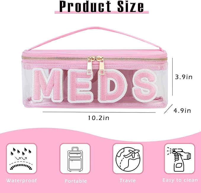 Clear Waterproof MEDS RX Makeup Bag，Transparent PVC Letter Patch medication travel case with Handle and Zipper, Portable Meds First Aid Travel Organizer Cosmetic Bag(01 Pink MEDS)